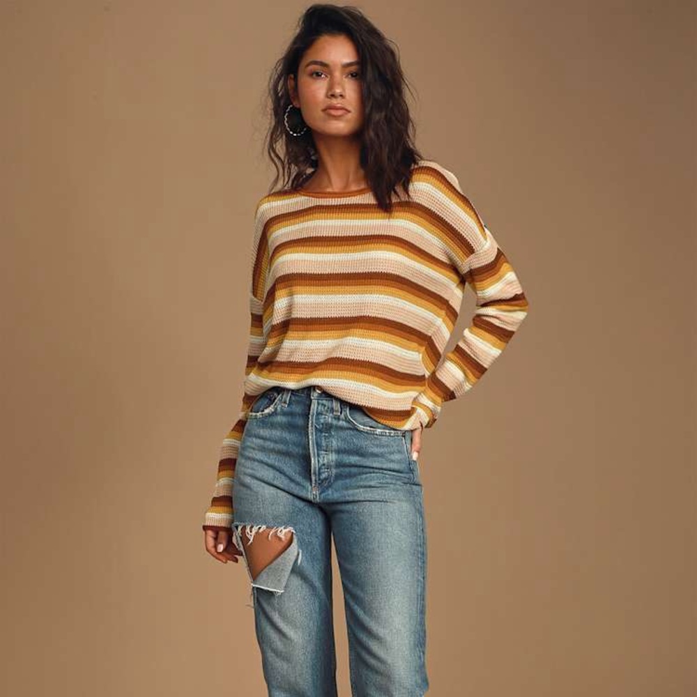 Lulus Having A Good Time Brown Multi-
 Stripe Sweater Top